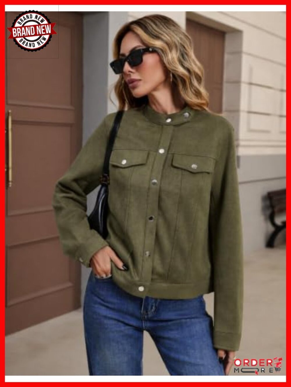 Faux Suede Cropped Jacket Snap Button Shacket - Picture 3 of 6